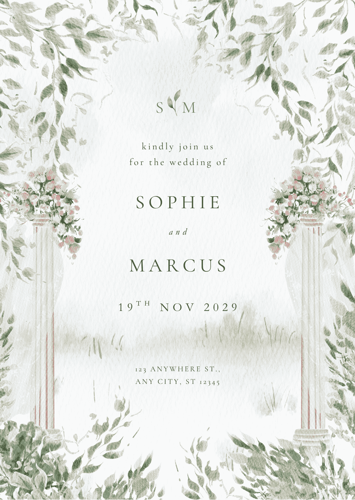 Watercolor wedding invitation with green foliage, pink flowers, classical columns, and a soft white textured background.