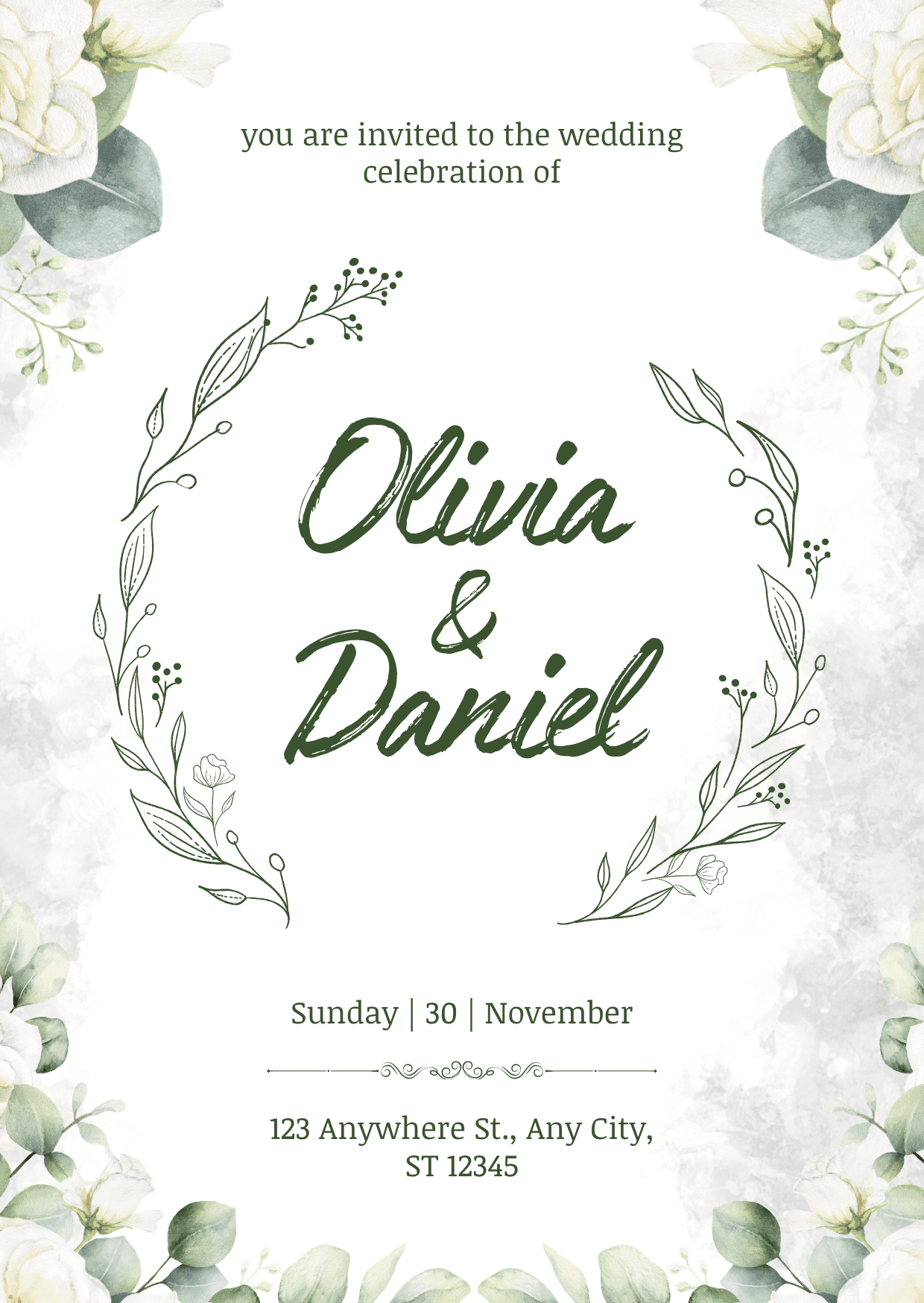 White and green wedding invitation with white roses, eucalyptus leaves, botanical line art, and handwritten typography.