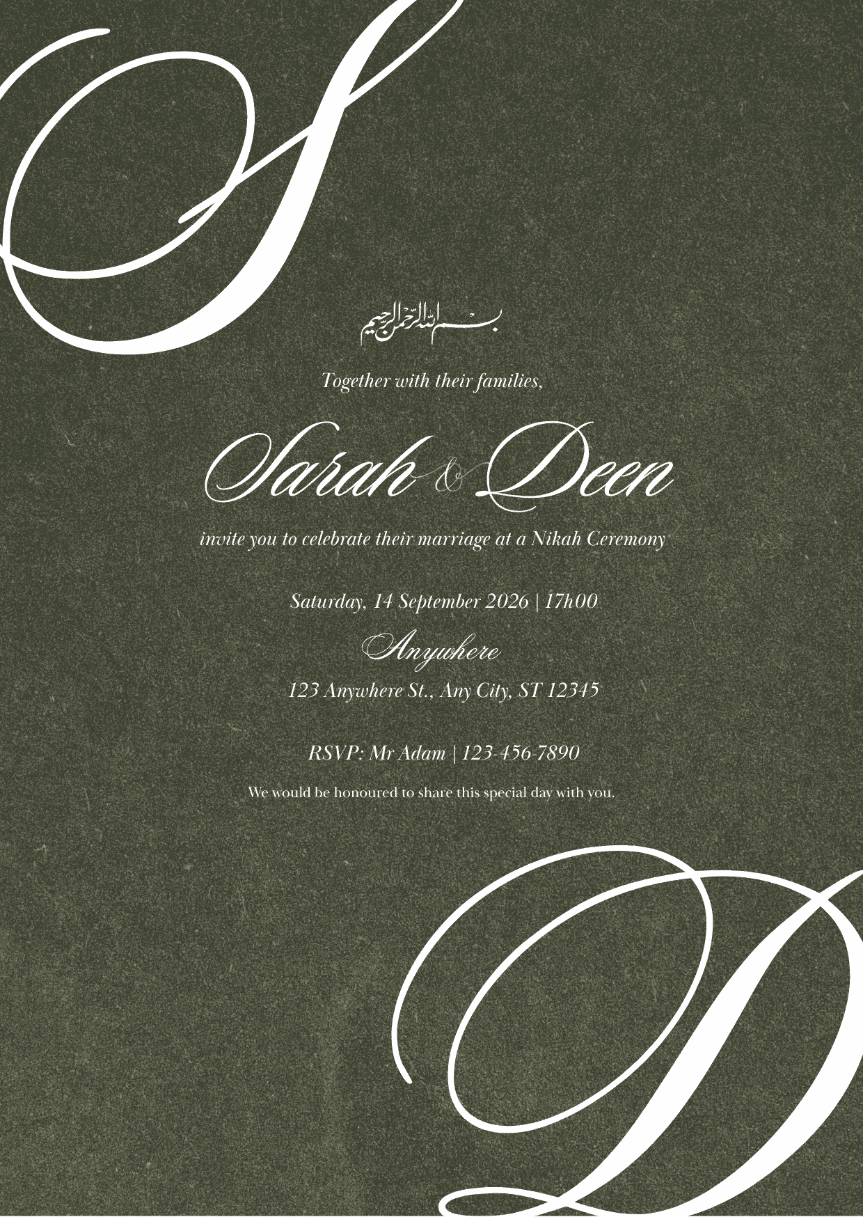 Dark green wedding invitation with a textured background, white calligraphy, decorative initials, and elegant formal typography.