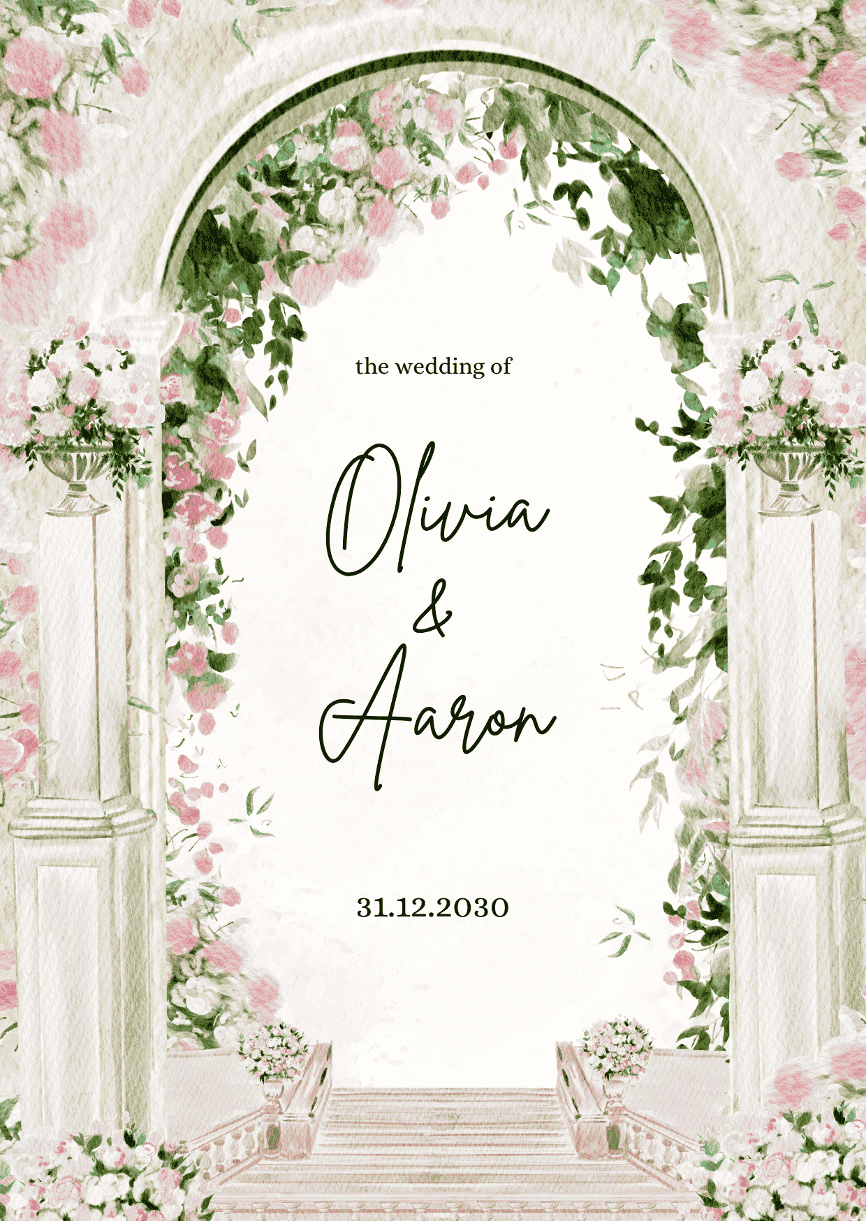Watercolor wedding invitation with a garden path, green trees, pink flower beds, flying birds, and elegant script typography.