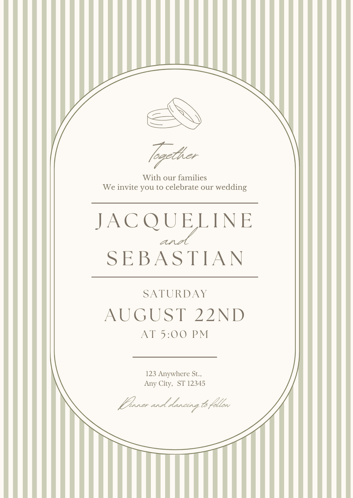 Minimal beige, green, and white wedding invitation with vertical stripes, an oval frame, wedding rings, and elegant serif typography.